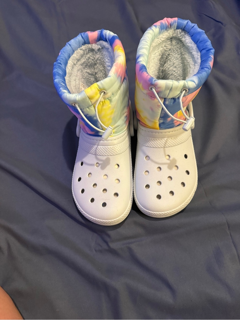 CROCS White Clog Boots with Pastel Tie-Dye Collar